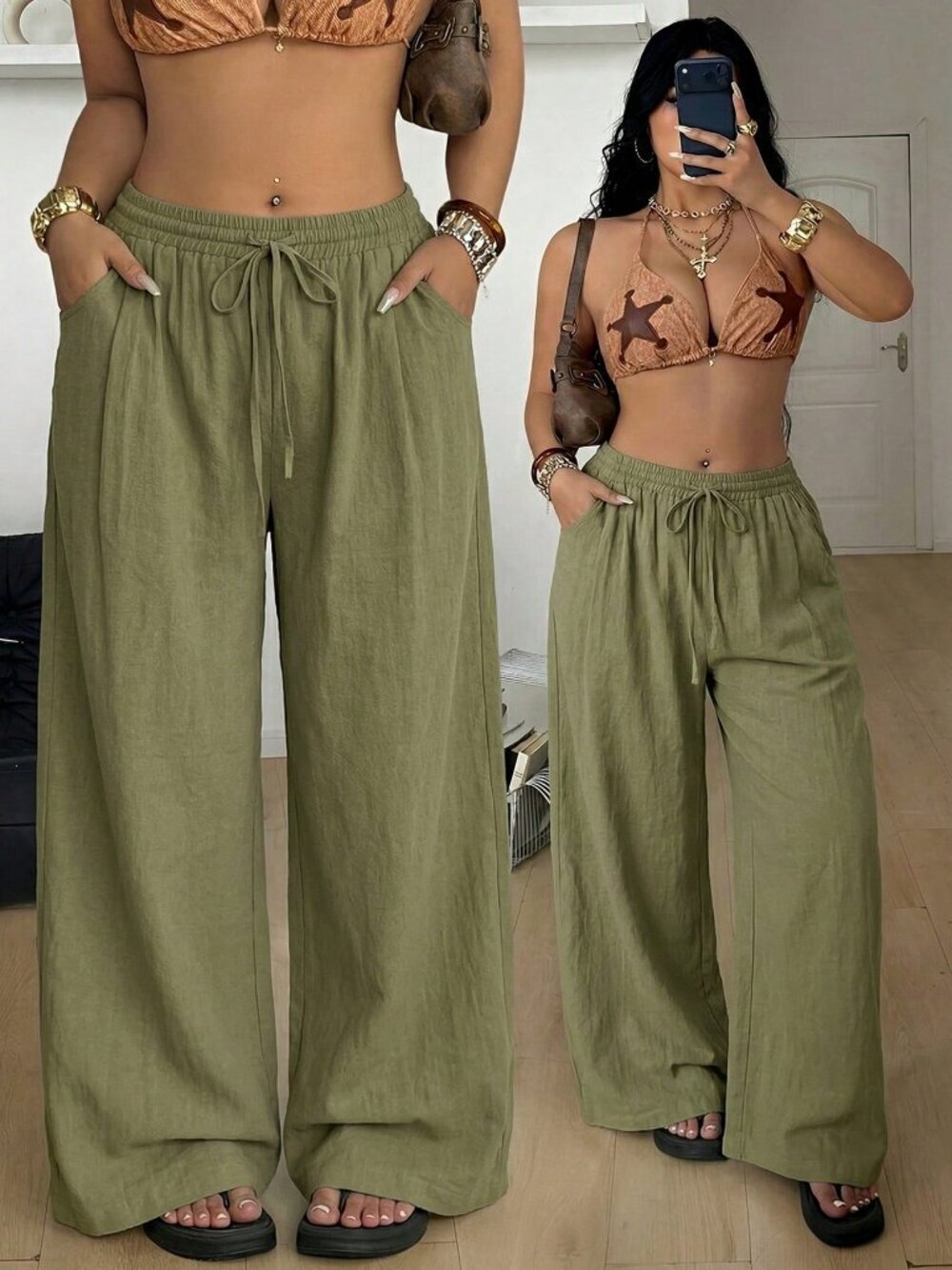 Army Green Women's Plus Size Oversized Drawstring Waist Loose High-Waist Pants